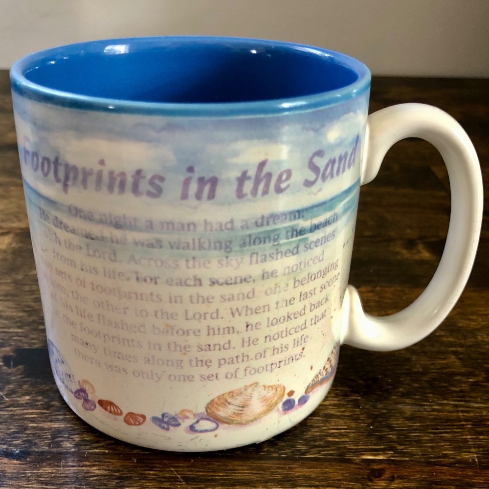 "Footprints in the Sand" Mug, Beach Sand Shells Coffee Tea Hot Cocoa Soup 11 oz